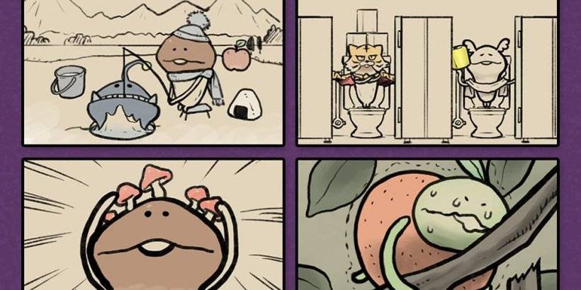 Quatro painéis no estilo de quadrinhos. Superior esquerdo: Um cogumelo luta para puxar um grande peixe por um pequeno buraco no gelo. Superior direito: Um cogumelo angustiado senta-se em um banheiro público sem papel. Inferior esquerdo: Um cogumelo brota cogumelos menores em seu chapéu. Inferior direito: Um cogumelo verde tenta empurrar uma laranja de um galho