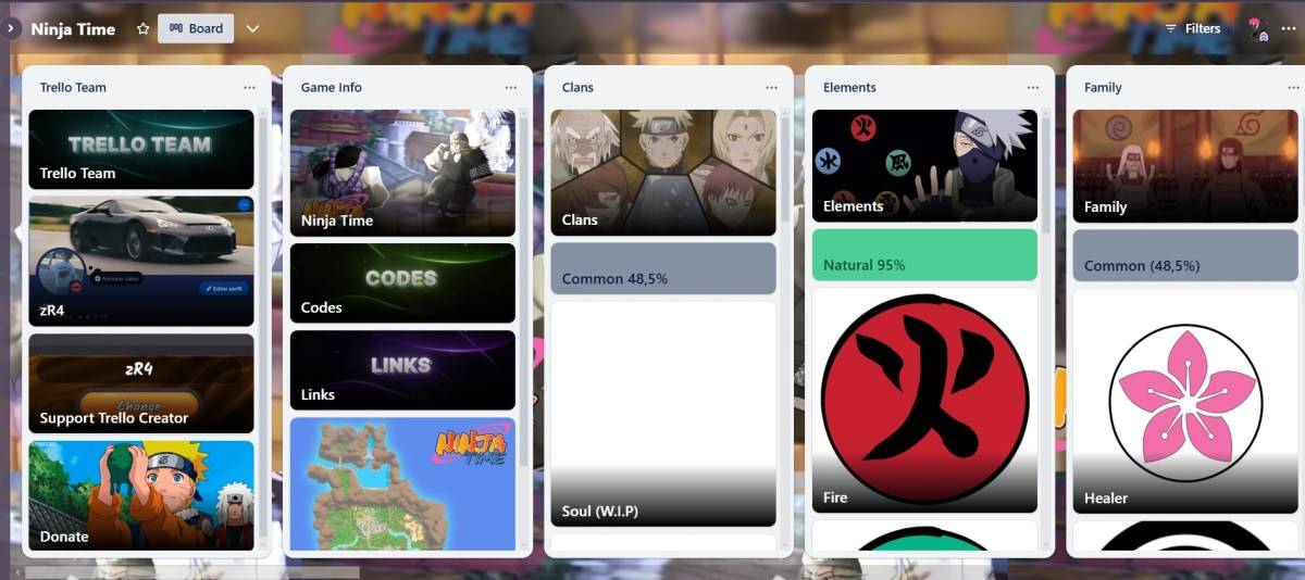 Visualização do Trello Board for Ninja Time Roblox Game