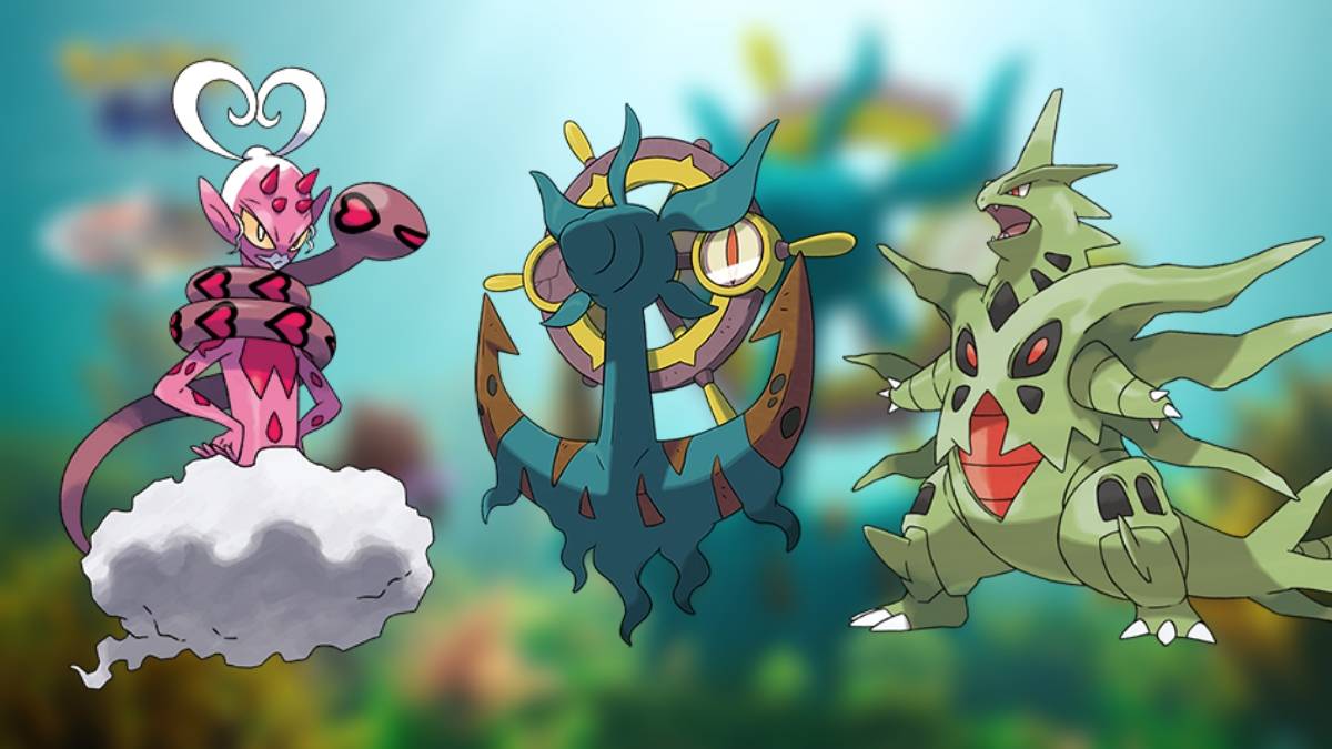 Enamorus, Dhelmise, and Mega Tyranitar from Pokémon GO, appearing as Raid bosses during Beloved Buddies