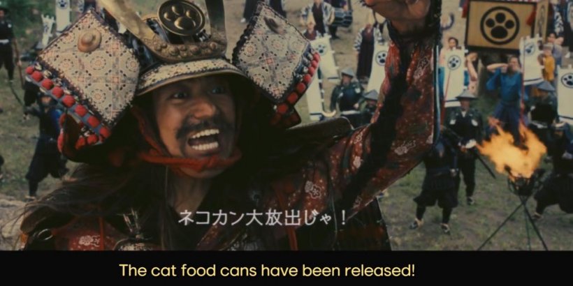 tiro cinematográfico de um samurai gritando as latas de comida de gato foram lançadas