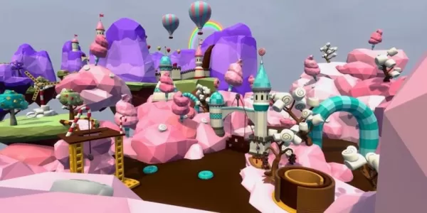 Imej Candyland yang aneh dengan sungai coklat dan bukit gula -gula kapas