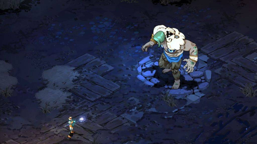 Captura de tela de Hades 2, mostrando Melinoe prestes a enfrentar o maciço Ciclope Polyphemus