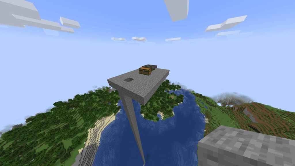Minecraft Small Platform in the Sky com um baú e quatro tremonhas para o Spawner da Mob