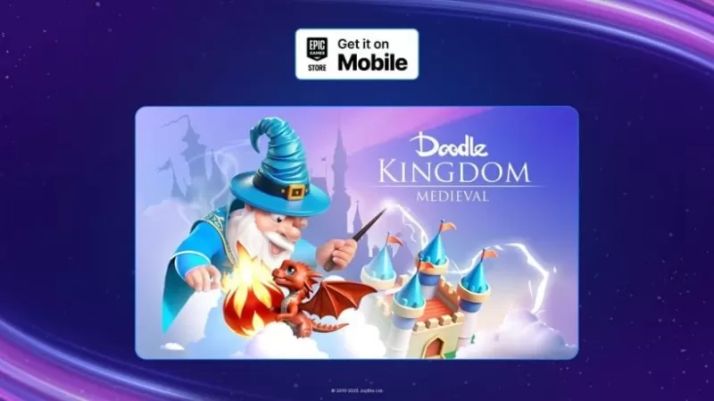 Imagem promocional de Doodle Kingdom mostrando um mago acenando com a varinha em um dragão