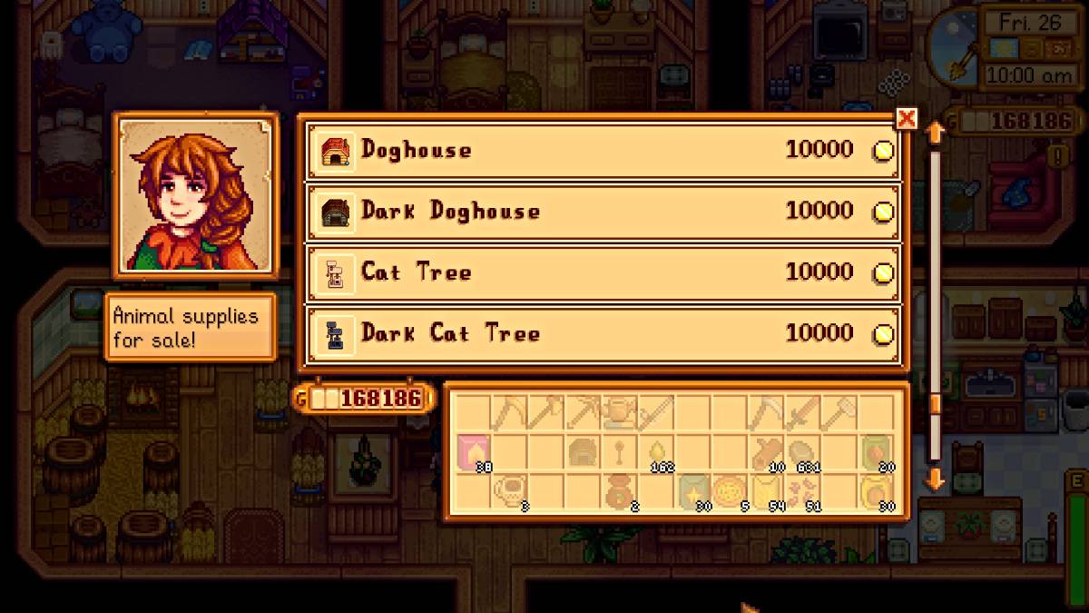 Suprimentos para animais de estimação na Marnie's Ranch Shop em Stardew Valley