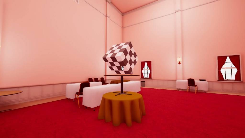 Superliminal A Cube Checkered di atas meja.