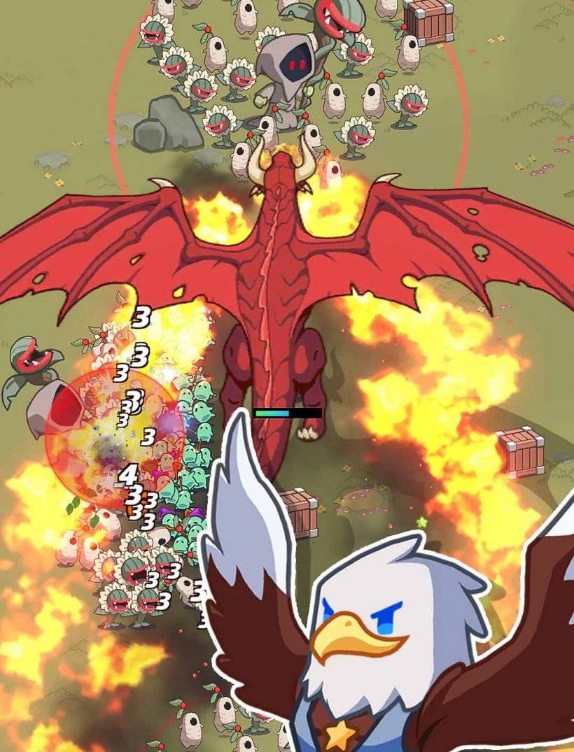 plantas e animais em guerra com um dragão gigante