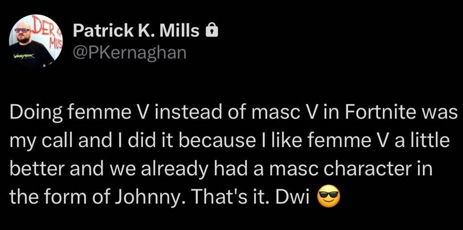 O desenvolvedor do Cyberpunk 2077 revelou por que não há masculino V em Fortnite