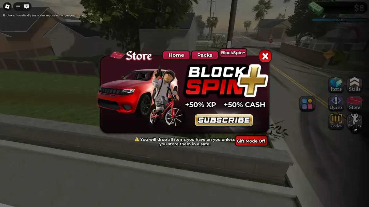 Um jogador interagindo com o menu da loja para obter Blockspin Plus BattlePass