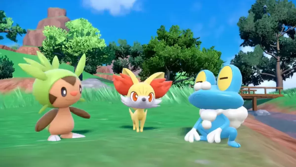 Os iniciantes da geração 6 Chespin, Fennekin e Froakie em Pokémon Scarlet & Violet