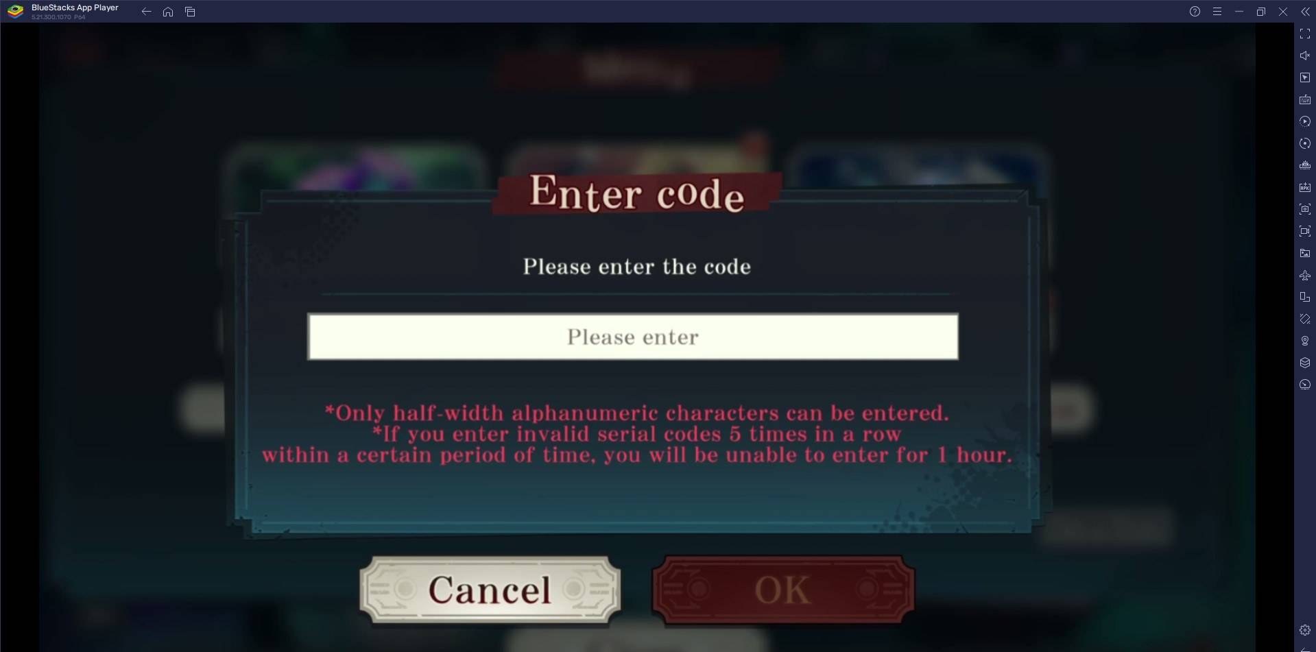 Jujutsu Kaisen Phantom Parade - Redeem Code Screen