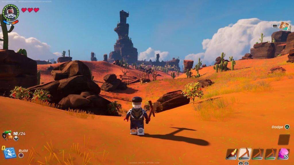 Biome padang pasir di Lego Fortnite, di mana anda mendapati Flexwood.