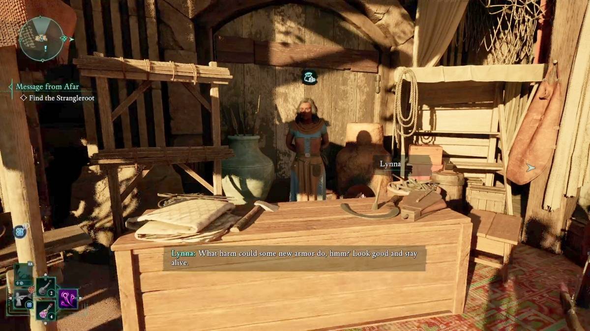 Jogabilidade declarada mostrando a localização intimidadora do mapa de tesouro do Codpient, indo para o comerciante Lyanna em Claviger's Landing