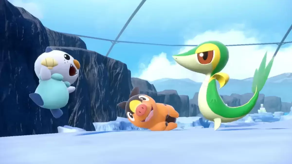 Os iniciantes da geração 5 Oshawott, Tepig e Snivy em Pokémon Scarlet & Violet